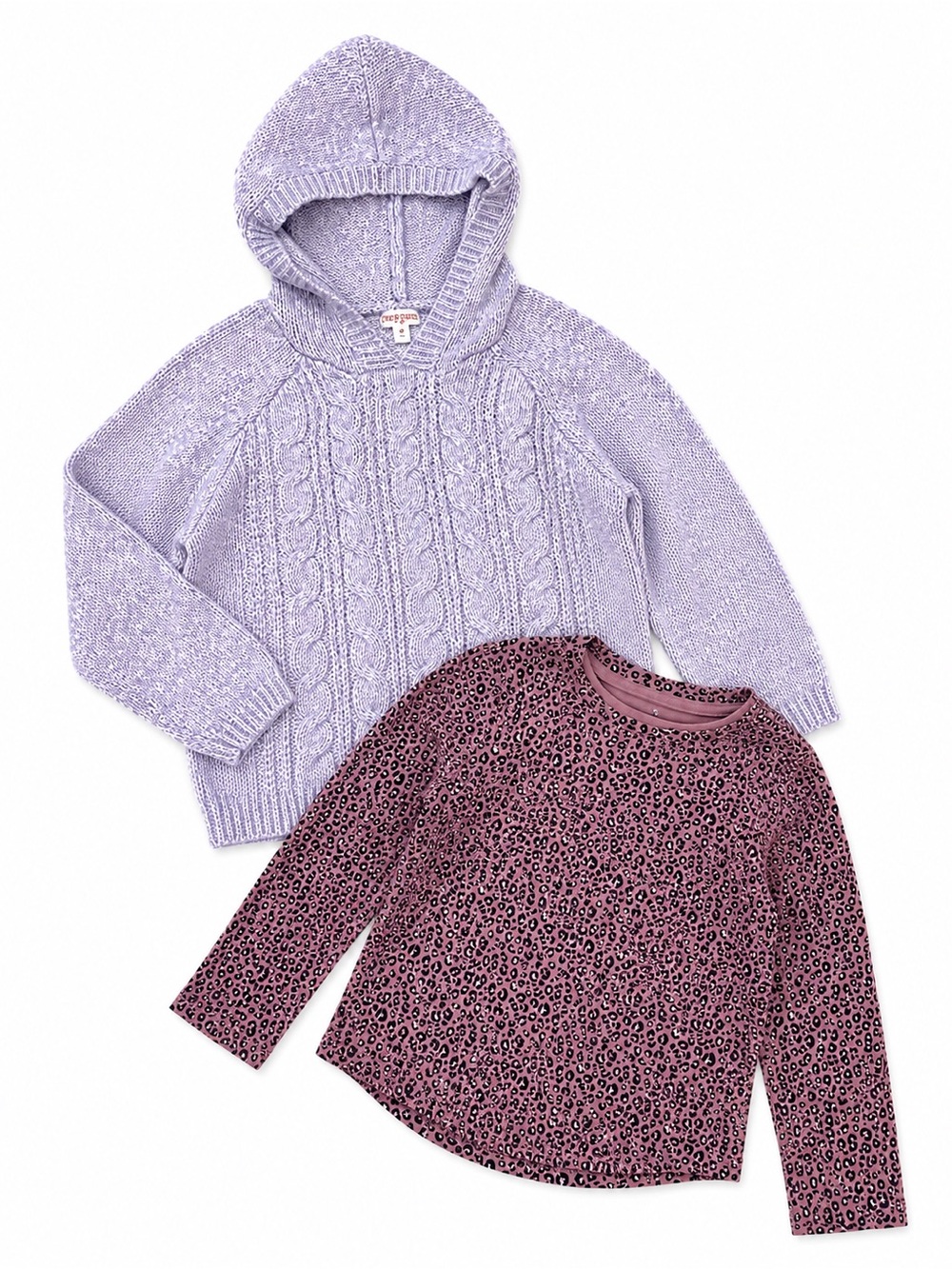 Cat & Jack Girls Hooded Cable Knit Sweater & Leopard Print Top Set Lot 4T